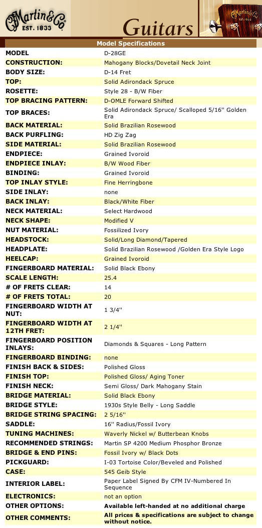 Martin D-28GE Specs